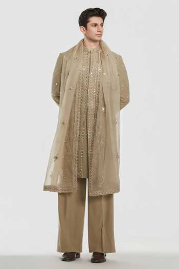Buy_Abhinav Mishra_Beige Chanderi Shrine Mirage Embroidered Sherwani Set _at_Aza_Fashions