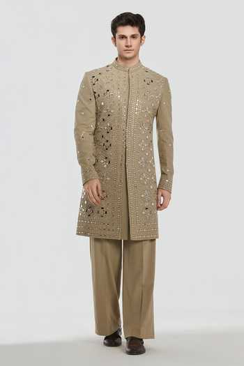 Shop_Abhinav Mishra_Beige Chanderi Shrine Mirage Embroidered Sherwani Set _Online_at_Aza_Fashions