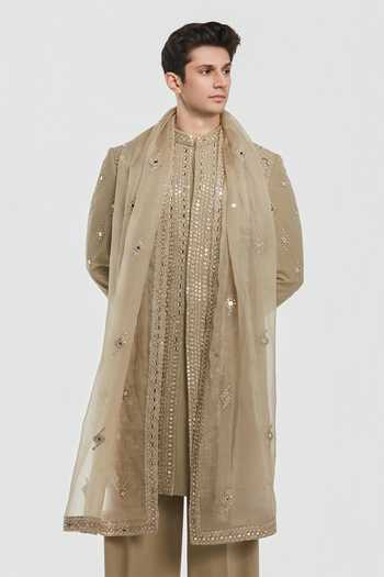 Abhinav Mishra_Beige Chanderi Shrine Mirage Embroidered Sherwani Set _at_Aza_Fashions