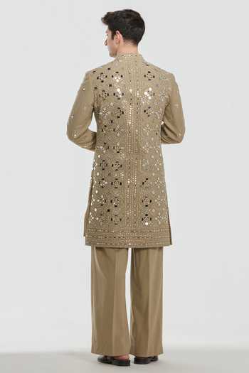 Shop_Abhinav Mishra_Beige Chanderi Shrine Mirage Embroidered Sherwani Set _at_Aza_Fashions