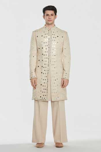 Abhinav Mishra_Ivory Chanderi Shrine Manor Embroidered Sherwani Set _Online_at_Aza_Fashions