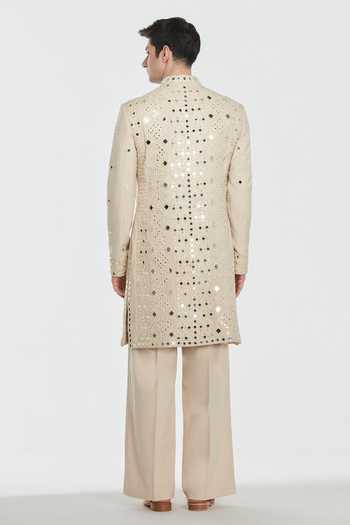 Shop_Abhinav Mishra_Ivory Chanderi Shrine Manor Embroidered Sherwani Set _at_Aza_Fashions