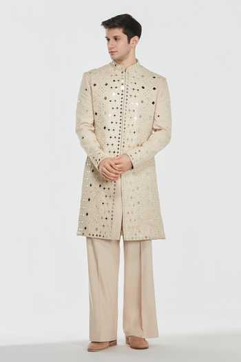 Shop_Abhinav Mishra_Ivory Chanderi Shrine Manor Embroidered Sherwani Set _Online_at_Aza_Fashions