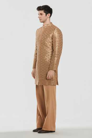 Buy_Abhinav Mishra_Gold Chanderi, Twill, Cotton Shrine Antique Embroidered Sherwani Set _Online_at_Aza_Fashions