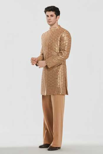 Shop_Abhinav Mishra_Gold Chanderi, Twill, Cotton Shrine Antique Embroidered Sherwani Set _Online_at_Aza_Fashions