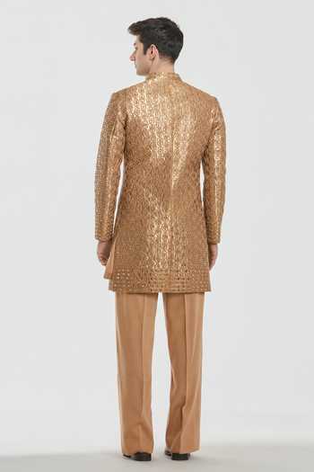 Shop_Abhinav Mishra_Gold Chanderi, Twill, Cotton Shrine Antique Embroidered Sherwani Set _at_Aza_Fashions