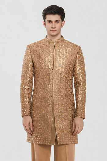 Abhinav Mishra_Gold Chanderi, Twill, Cotton Shrine Antique Embroidered Sherwani Set _at_Aza_Fashions