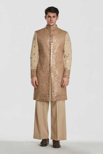 Buy_Abhinav Mishra_Gold Chanderi Shrine Auric Embroidered Sherwani Set _at_Aza_Fashions