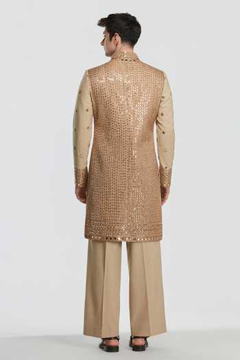 Shop_Abhinav Mishra_Gold Chanderi Shrine Auric Embroidered Sherwani Set _at_Aza_Fashions