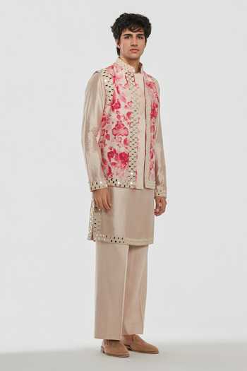 Abhinav Mishra_Beige Chanderi, Cotton, Twill Shrine Floral Pattern Nehru Jacket Set _Online_at_Aza_Fashions