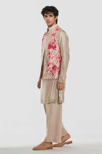 Shop_Abhinav Mishra_Beige Chanderi, Cotton, Twill Shrine Floral Pattern Nehru Jacket Set _Online_at_Aza_Fashions