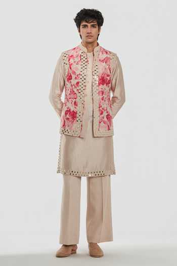 Buy_Abhinav Mishra_Beige Chanderi, Cotton, Twill Shrine Floral Pattern Nehru Jacket Set _at_Aza_Fashions