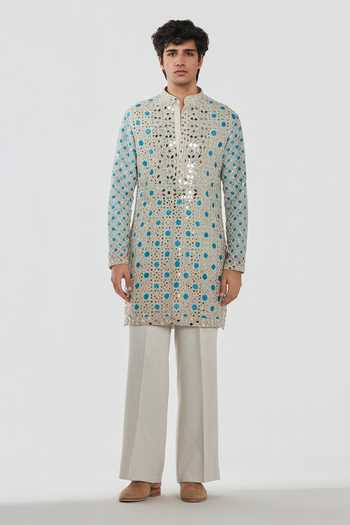 Shop_Abhinav Mishra_Cream Chanderi, Cotton, Twill Shrine Mirror Embroidered Kurta Set _Online_at_Aza_Fashions