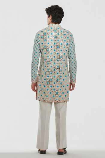 Shop_Abhinav Mishra_Cream Chanderi, Cotton, Twill Shrine Mirror Embroidered Kurta Set _at_Aza_Fashions