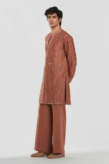Buy_Abhinav Mishra_Brown Chanderi, Cotton, Twill Shrine Zenith Embroidered Kurta Set _Online_at_Aza_Fashions