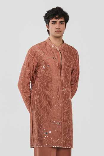 Shop_Abhinav Mishra_Brown Chanderi, Cotton, Twill Shrine Zenith Embroidered Kurta Set _Online_at_Aza_Fashions