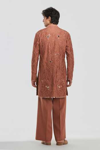 Shop_Abhinav Mishra_Brown Chanderi, Cotton, Twill Shrine Zenith Embroidered Kurta Set _at_Aza_Fashions