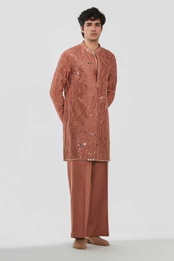 Abhinav Mishra_Brown Chanderi, Cotton, Twill Shrine Zenith Embroidered Kurta Set _at_Aza_Fashions