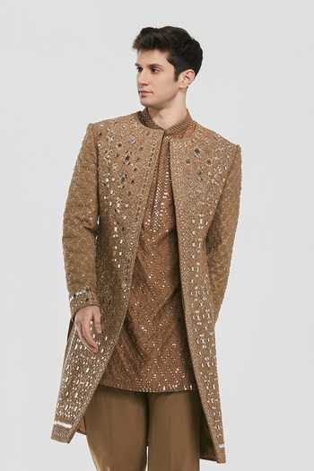 Abhinav Mishra_Brown Chanderi Pataudi Embroidered Sherwani Set _Online_at_Aza_Fashions