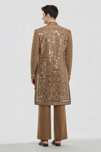 Shop_Abhinav Mishra_Brown Chanderi Pataudi Embroidered Sherwani Set _at_Aza_Fashions