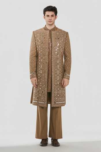Shop_Abhinav Mishra_Brown Chanderi Pataudi Embroidered Sherwani Set _Online_at_Aza_Fashions