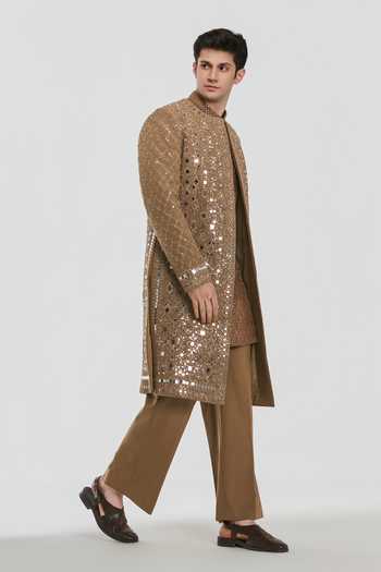 Abhinav Mishra_Brown Chanderi Pataudi Embroidered Sherwani Set _at_Aza_Fashions