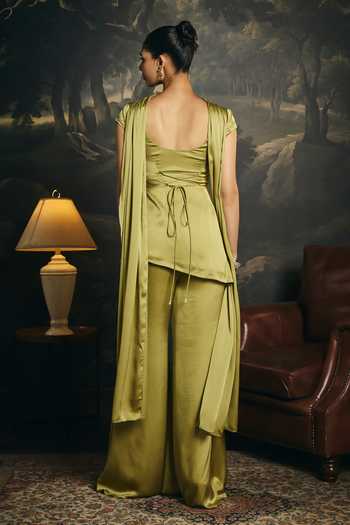 Shop_Saanjh By Lea_Green Silk Square Neck Henna Embroidered Y2k Kurta Set _at_Aza_Fashions