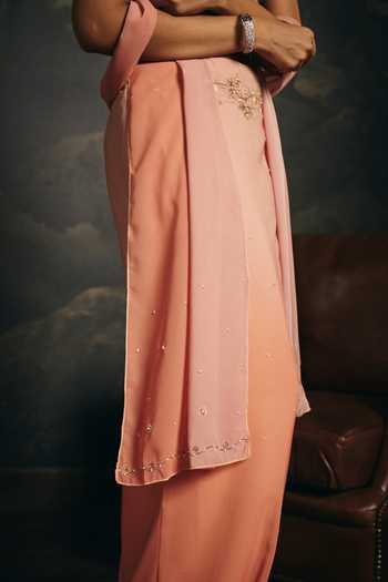 Saanjh By Lea_Peach Georgette V-, Halter Mridula Embroidered Skirt Set _Online_at_Aza_Fashions