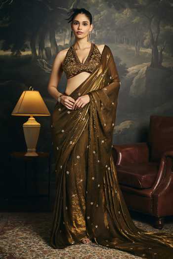Saanjh By Lea_Gold Organza Halter Neck Kumud Olive Embroidered Blouse _Online