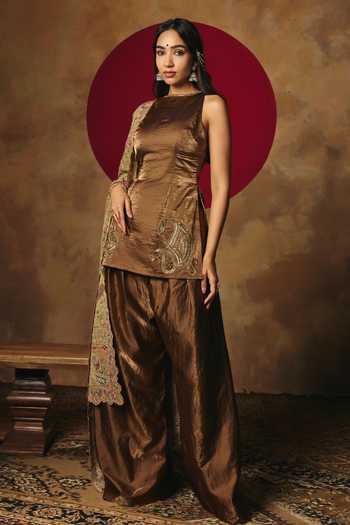 Shop_Saanjh By Lea_Brown Organza, Satin Round Neck Pallavi Bronze Embroidered Kurta Set _Online_at_Aza_Fashions