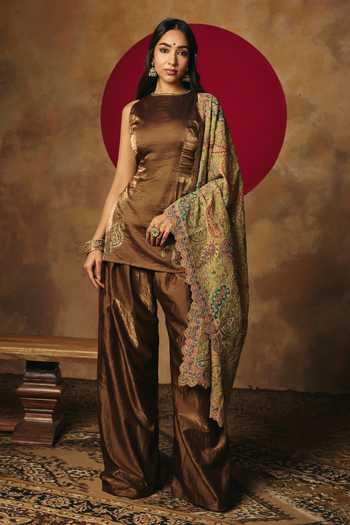 Shop_Saanjh By Lea_Brown Organza, Satin Round Neck Pallavi Bronze Embroidered Kurta Set _at_Aza_Fashions