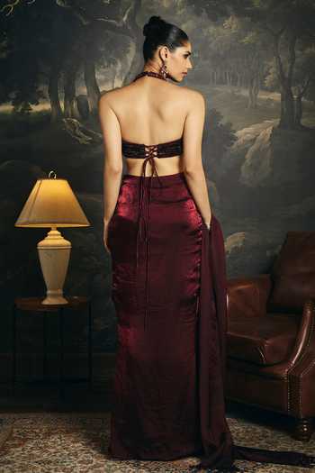 Shop_Saanjh By Lea_Purple Organza, Satin Halter Neck Embroidered Top And Skirt Set _at_Aza_Fashions