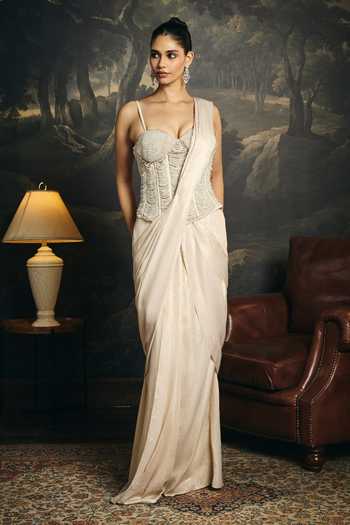 Buy_Saanjh By Lea_Ivory Satin, Mesh Sweetheart Neck Mrinmayi Embellished Blouse _Online_at_Aza_Fashions