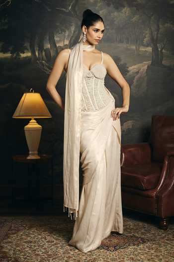 Shop_Saanjh By Lea_Ivory Satin, Mesh Sweetheart Neck Mrinmayi Embellished Blouse _Online_at_Aza_Fashions