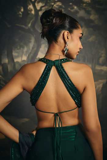 Shop_Saanjh By Lea_Green Satin Square Neck Kadambari Embroidered Blouse _at_Aza_Fashions