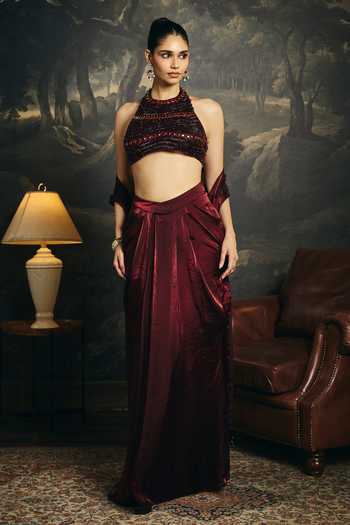 Saanjh By Lea_Purple Satin Halter Neck Ahaana Embroidered Blouse _Online_at_Aza_Fashions