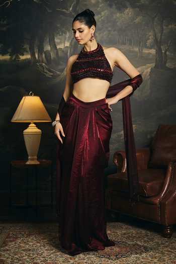 Buy_Saanjh By Lea_Purple Satin Halter Neck Ahaana Embroidered Blouse _Online_at_Aza_Fashions