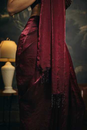 Shop_Saanjh By Lea_Purple Satin Halter Neck Ahaana Embroidered Blouse _Online_at_Aza_Fashions
