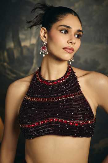 Saanjh By Lea_Purple Satin Halter Neck Ahaana Embroidered Blouse _at_Aza_Fashions