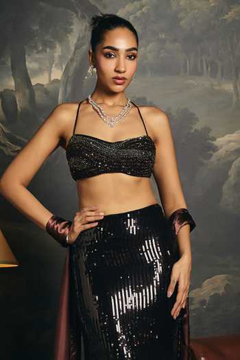 Buy_Saanjh By Lea_Black Satin Bandeau Neck Tamisra Sequin Blouse _at_Aza_Fashions