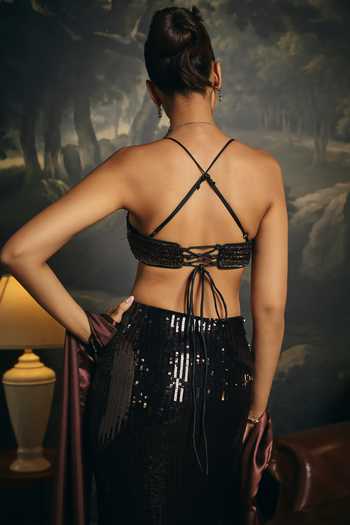 Shop_Saanjh By Lea_Black Satin Bandeau Neck Tamisra Sequin Blouse _at_Aza_Fashions