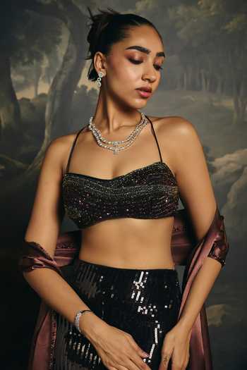 Saanjh By Lea_Black Satin Bandeau Neck Tamisra Sequin Blouse _at_Aza_Fashions