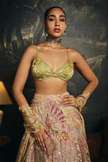 Buy_Saanjh By Lea_Green Crepe, Satin V-neck Vasantika Embroidered Blouse _at_Aza_Fashions