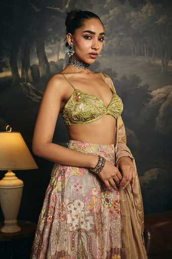 Saanjh By Lea_Green Crepe, Satin V-neck Vasantika Embroidered Blouse _Online_at_Aza_Fashions