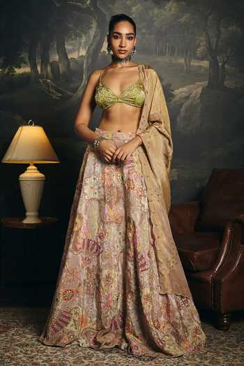 Buy_Saanjh By Lea_Green Crepe, Satin V-neck Vasantika Embroidered Blouse _Online_at_Aza_Fashions