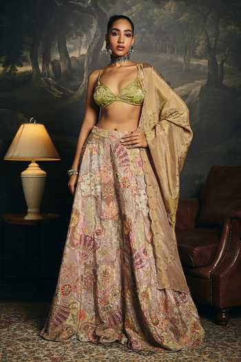 Shop_Saanjh By Lea_Green Crepe, Satin V-neck Vasantika Embroidered Blouse _Online_at_Aza_Fashions