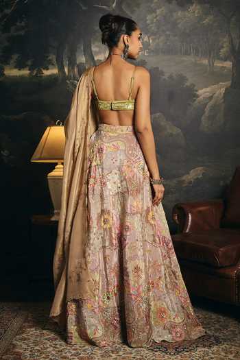 Shop_Saanjh By Lea_Green Crepe, Satin V-neck Vasantika Embroidered Blouse _at_Aza_Fashions