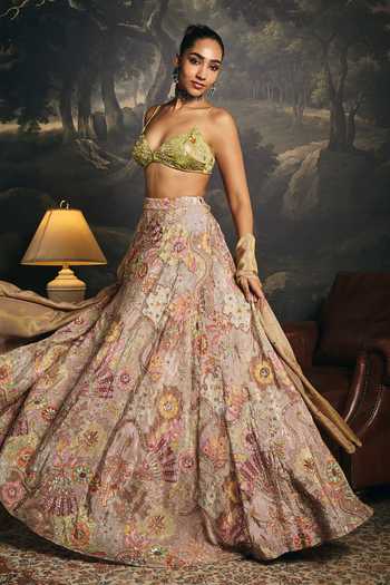 Saanjh By Lea_Green Crepe, Satin V-neck Vasantika Embroidered Blouse _at_Aza_Fashions