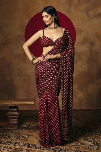 Shop_Saanjh By Lea_Wine Georgette Sweetheart Neck Revya Pre-draped Saree Set _Online_at_Aza_Fashions