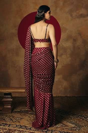 Shop_Saanjh By Lea_Maroon Georgette Sweetheart Neck Revya Hand Embroidered Blouse _at_Aza_Fashions